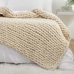 YAAPSU Chunky Knit Blanket Throw 51x63, Soft Jumbo Chenille Throw Blanket, 100% Hand Knitted Throw Blankets for Couch Bed, Big Thick Yarn Cable Knit Blanket, Large Rope Knot Crochet Blanket (Beige)