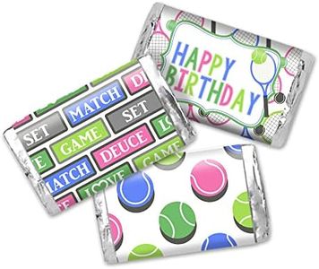 Amanda Creation Let's Make Some Racquet Tennis Themed Birthday Party Mini Chocolate Candy Bar Sticker Wrappers, 45 1.4" x 2.6" Wrap Around Labels, Great for Party Favors