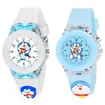 Goldenize Fashion Analog Multicolour Glowing Disco Light Dial Barbie, Doremon, Kitty Dial Watch for Boys & Girls 3D Cute Cartoon Analog Watch for Girls-Boys Kids Combo of 2 (Sky White)