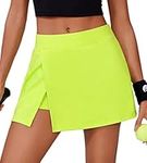 PINSPARK Tennis Skirt Women with Pants Sports Golf High Waist Skort with 2 Pockets and Side Slit Summer Mini Running Skirts Trouser Hiking Neon Yellow