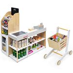 COSTWAY Pretend Play Shop, Kids Supermarket Playset with Shopping Cart, Scanner, Card Swipe Machine, Credit Card and 5 Coins, Wooden Role Play Grocery Store for Children Toddlers