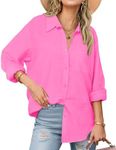 Zeagoo Hot Pink Linen Button Down Shirt Women Long Sleeve Cotton Tops Collared Button ups Fuschia Pink