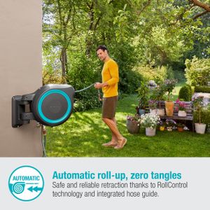 Gardena Wall-Mounted Hose Box RollUp XL, 35m Hose – Swivel Watering System, Turquoise