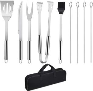 Utensili Barbecue Kit 9PCS, Set di Attrezzi per Barbecue, Posate Barbecue Grill Set di Attrezzi Barbecue Griglia di Cottura in Acciaio Inox con Pinza, Paletta, Spazzola per Grill, Spiedini, Forchetta