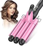 Hair Curler, 3 Barrels Hair Waver Curling Iron Big Wave Hair Crimper Wand for Long Hair, Electric Hair Crimpers Tongs with Two Speed Temp Control, 25MM, Pink