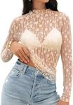 MEROKEETY 2024 Womens Mesh Sheer Long Sleeve Layering Top Sexy Y2k Mock Neck Floral Lace See Through Shirt Blouses Almond Large