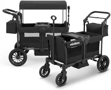 MiniKins Wagon for Kids, 2-Seater Stroller Wagon with Removable Canopy, Foldable, Adjustable Push Handle, Storage Bag, Black