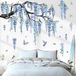 decalmile Large Flower Tree Branch Wall Decals Blue Hanging Vine Floral Wall Stickers Bedroom Living Room Sofa TV Background Wall Decor