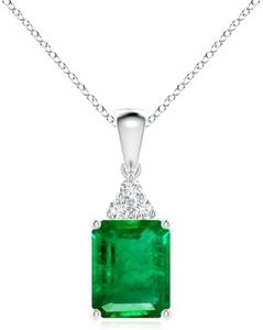 Angara Emerald-Cut Emerald Pendant with Diamond Trio in 14K White Gold