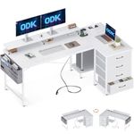 ODK Corner Desk with Drawers, L Shaped Computer Desk with USB Charging Port & Power Outlet, Home Office Desk with Monitor Stand and PC Stand, 63 Inch Gaming Desks Workstations, White