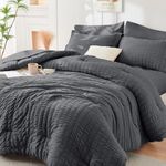 HYMOKEGE Full Size Comforter Sets Seersucker 7 Pieces, All Season Luxury Bed in a Bag for Bedroom, Bedding Set with Comforters, Sheets, Pillowcases & Shams, Dark Grey