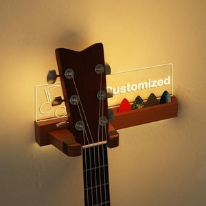 CoolGift Mart Customized Wall-Mounted Guitar Stand with LED Illumination - USB Powered, Musical Notes Design, Pick Holder - Premium Wood and Acrylic