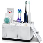 VITVITI Toothbrush Holder Bathroom Electric Toothbrush Holder Drainage Bathroom Organiser Storage 5-Compartment White Marble Resin Bathroom Organizer Toothpaste,Toothbrushes (White with Cover)