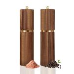 Haomacro Acacia Wood Salt and Pepper Grinder Set - Manual Salt & Pepper Mill with Adjustable Ceramic Grinding Core, Gold Ring Accent, Premium Wooden Spice Grinders for Kitchen, BBQ, Camping (8 Inch)