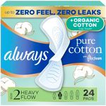 Always Pure Cotton FlexFoam Pads for Women, Size 2, Heavy Pad with Wings, Unscented, Made with an Organic Cotton Top Layer, 24 Count