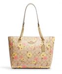 COACH Women's Cammie Leather Chain Tote, Light Khaki Multi