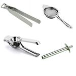 ScentRose Kitchen Accessories for Cooking | Lemon Squeezer Chimta Tea Strainer Gas Lighter | Kitchen Items for Home Cooking | Nimbu Machine Chipya Chalni Lighter | Pack of 4