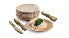 Streetfood Packaging - 24cm Palm Leaf Plates and Wooden Cutlery Set |100 Pack, 25 Large Round Plates, 25 Forks, 25 Spoons, 25 Knives| Disposable Biodegradable Compostable Recyclable Plates for Parties