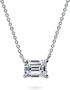 BERRICLE Sterling Silver Solitaire 1.7 Carat Emerald Cut Cubic Zirconia CZ East-West Anniversary Pendant Necklace for Women, Rhodium Plated, Sterling Silver, Cubic Zirconia