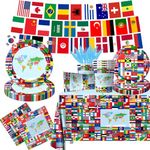 International World Flags Tableware Set, 142Pcs International Flags Decorations Plates and Napkins, Cups,Banner,Flags Tablecloth for Travel Trip Around the Globe Retirement Party