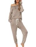 Zilcremo Women Two Piece Outfits Pajamas Set Long Sleeve Pullover Tops and Long Pants Sweatsuits Tracksuits Khaki L