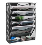 TQVAI 7-Tier Wall Hanging File Organiser Mesh A4 Paper Organiser Magazine Holder Wall Mounted Storage Organizer, Black