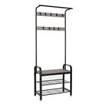 Meerveil Coat Stand, Coat Rack with Shoe Storage Bench, Metal Clothes Rail with 9 Removable Hooks, Industrial Style for Hallway Entrance, 72 x 34 x 183 cm, Grey