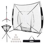 ZELUS Baseball Net Kit for Hitting and Pitching, 7x7ft Softball Training Equipment with Tee Carry Bag Ball Caddy and 12 Baseballs, Portable Batting Cage Backyard Practice Net with Strike Zone, Black