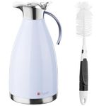 PYKAL Thermal Coffee Carafe with Lid - 68Oz / 2L Vacuum Insulated Pitcher for Hot Liquids - Stainless Steel Water or Tea Dispenser - Teapot Jug with Long Handle Brush - Blue