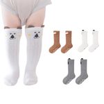 MOMISY 3 Pairs of Baby Kids Children Anti Skid Sleep Spring Winter And Autumn Combed Cotton Long Tube Knee-High Socks (IN, Age, 0 Months, 12 Months, Brown White Grey)