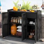 YITAHOME Outdoor Storage Cabinet, Weather-proof Rattan Bar Table with Two Doors, Adjustable Shelves & Foldable Drawer, Wicker Patio Storage Box for Outdoor Cushions, Pool Toys and Garden Tools - Black