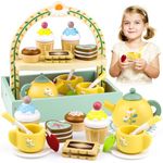 Airlab Wooden Tea Party Set for Girls Toddler Toys for 3 4 5 Years Old Kids Gift Pretend Play Food Cake Toy Play Kitchen Accessories with Teapots Cups Dessert Basket