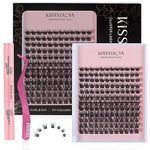 Cluster Eyelash Extensions Kit, 144Pcs D Curl Mix 9-15mm Invisible Bottom Wide Stem Lashes with Lash Bond & Seal & Applicator, Soft Natural False Eyelashes, DIY Individual Lashes at Home(W-7 Kit)