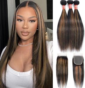 Haha Black Brown Highlight Bundles With Closure Human Hair Straight Ombre Bundles With Lace Closure 10A Brazilian Virgin Hair Weave 3 Bundles With 4x4 Lace Closure Balayage Colored 20 22 24+18 Inch