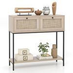 Giantex Console Table with Rattan Drawers - 31.5" Entryway Table w/ 2 Drawers & Open Storage Shelf, Metal Frame, Boho Style Long Sofa Side Table, Narrow Entry Table for Living Room Foyer Hallway