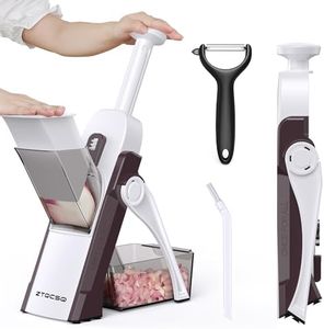 ZTQCSQ 5 in 1 Safe Mandoline Slicer for Kitchen, Safe Vegetable Chopper with Paring Knife, Adjustable Thickness, Easy to Clean, Vegetable Slicer, Slicing, Strips, Shredding, Dicing, Chop (Brown)