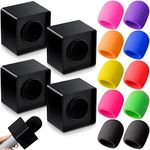 4 Pcs Microphone Flag Station ABS Interview Mic Logo Square Cube Shaped Mic Flag with 10 Pcs Microphone Foam Cover Microphone Accessories (Black Microphone Flag Station, Colorful Foam Cover)