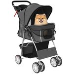 PawHut Dog Pram, Foldable Pet Stroller for Small Miniature Dogs Cats, Pet Buggy Pushchair with 360° Swivel EVA Wheels, Brake, Reflective Strips, Mesh Windows, Washable Cushion, Dark Grey
