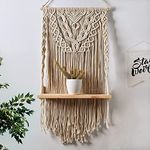 Decazone Wood Boho Chic Macramé Shelf With String Lights Handcrafted, Extra Large Floating Display For Plants, Books, And Decor 88 X 46,Beige