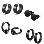 Men Women Stainless Steel Earring Stud Set Round Hoop Huggie Earring Stud Earring Tunnel Piercings (Pack of 4) (Black)