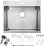 25 x 22 Inch Stainless Steel Drop in Kitchen Sink, Topmount Brushed Nickel Single Bowl Kitchen Sink Extra-Thick 16 Gauge for RV Kitchen Laundry Utility with Dish Grid and Basket Strainer