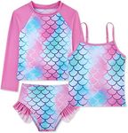 swimsobo Girls 3-Piece Swimsuit Long Sleeve Rash Guard Tankini Sets UPF Sun Proction Bathing Suit 3-10T, Mermaid Pink, 5 Years