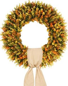 Vlorart Large Fall Wreaths for Front Door, Fall Wreath 24 Inch, Handmade Boxwood Wreath with Cream Linen Sash, Waterproof UV-Resistant Outdoor Autumn Decor for Farmhouse Porch, Window and Thanksgiving
