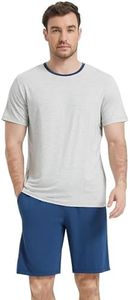 NACHILA Men's Pajamas-Viscose Made from Bamboo, Short Sleeve Summer Pjs Cooling Pajama Shorts Set Soft Sleepwear with Pockets White Heather Grey/Dark Blue L