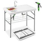 Giantex Folding Fish Cleaning Table with Double Sinks, Portable Fish Fillet Cleaning Station w/Faucet, Drainage Hoses, Sprayer & Storage Shelf, 2-in-1 Outdoor Camping Table for Picnics, Fishing