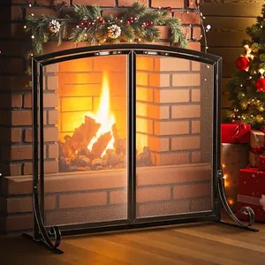 Idzo 38.6''W x33.25''H Fireplace Screen with Doors, 2-Door Black Fire Screen for Fireplaces with Magnetic Closure, Durable Powder Coated Fireplace Guard for Indoor & Outdoor, Easy Assembly & Storage