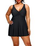 Holipick Plus Size Swim Dress Women - One Piece Swimsuit with Skirt V Neck Tummy Control Bathing Suit, Black, 20 Plus