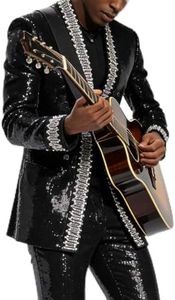 Men's Sequined Blazer, Black with Silver Trim, Performance Stage Jacket for Wedding Banquet (US, Alpha, 3X-Large, Regular, Regular, Black)