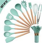 Klick n shop Silicone Kitchen Spatula and Utensils Spoon Set Cooking + Baking Set- 12 Pcs Non-Stick with Wooden Handle-BPA Free, Heat Resistant Item, Flexible Non Toxic Silicon Cookware Tools (Green)