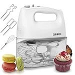 Duronic Hand Mixer for Baking Electric Whisk Handheld HM4W Storage Stand Case White 5 Speed Turbo 400W 2 Beaters 2 Dough Hooks 1 Whisk